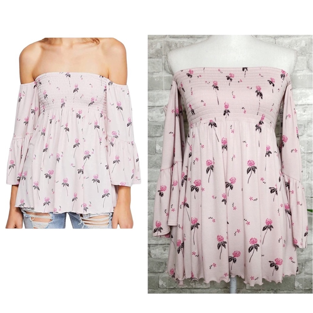 NWT Free People Boho Barbiecore Pink Floral Lana Off the Shoulder Tunic Small